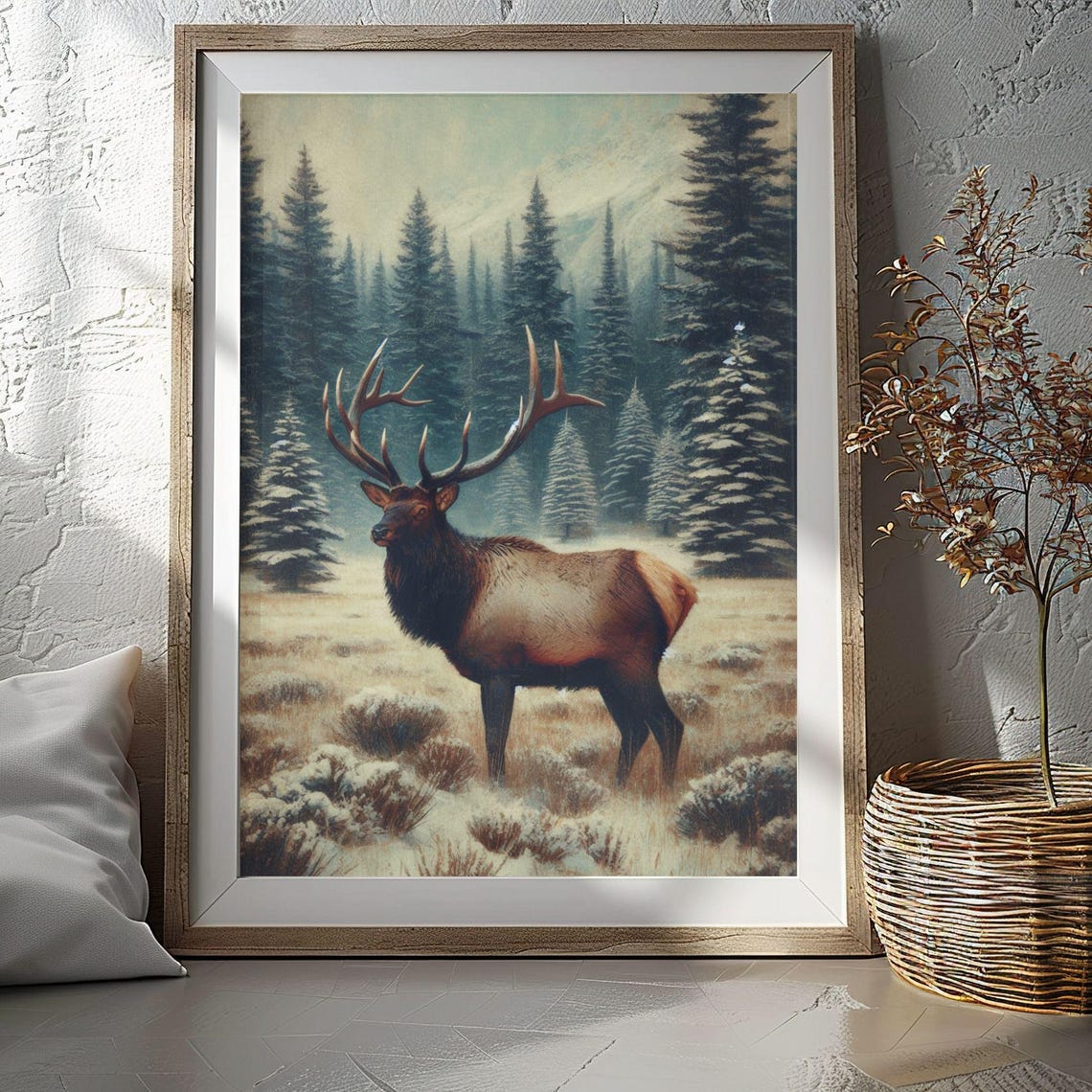 Lone Bull Elk Winter Meadow Snowy Pine Forest Wildlife Wall Art
