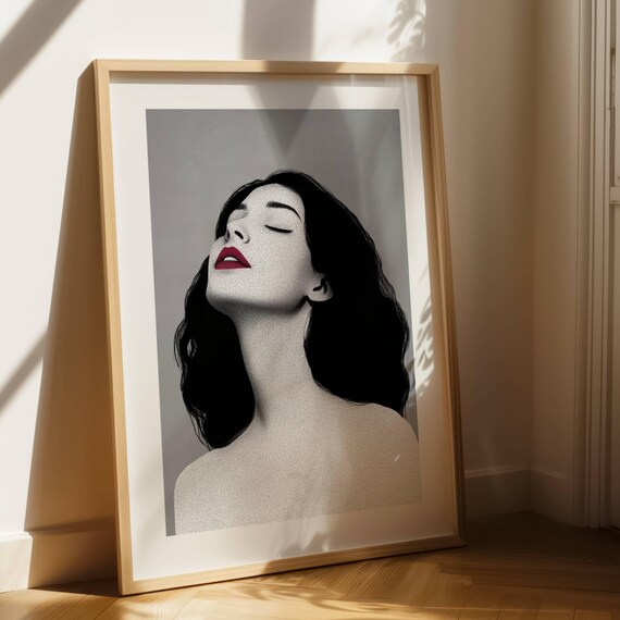 Stylized Woman Portrait Red Lips Modern Fashion Illustration Print