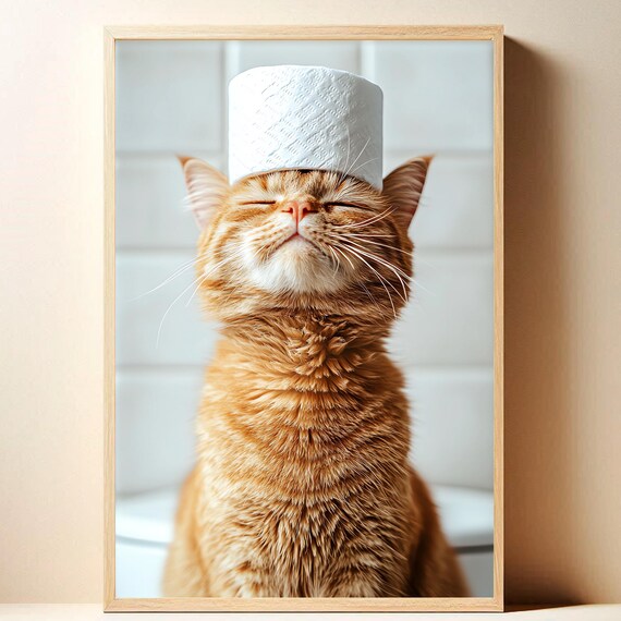 Cat Decor With Toilet Paper Funny Bathroom Art Wall Housewarming Gift Ai Trendy Print For Lover
