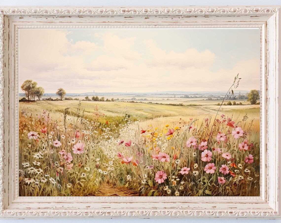 Pink Cosmos Wildflower Meadow Vintage Summer Field Landscape Poster