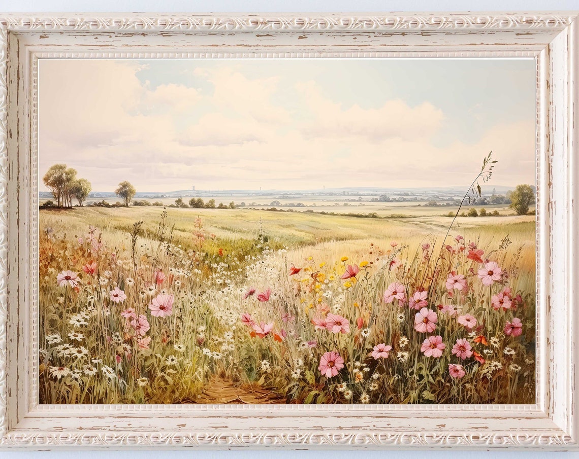 Wildflower Landscape Painting Vintage Landscape Art Print Antique Oil Painting Wall Art Art Print 102