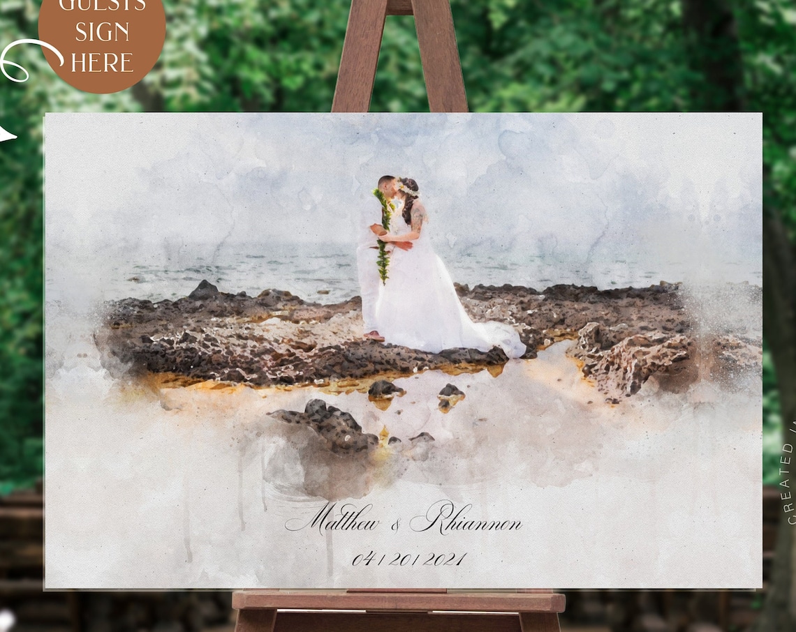 Custom Watercolor Beach Wedding Guest Sign Ocean Shore Portrait Poster
