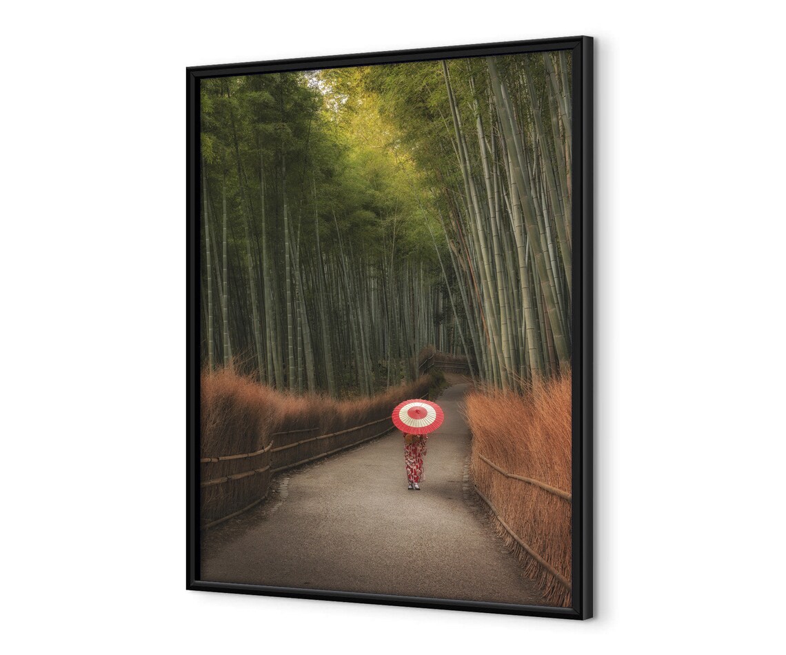 Bamboo Forest Path With Woman In Kimono Holding Red Umbrella Poster - Image 4