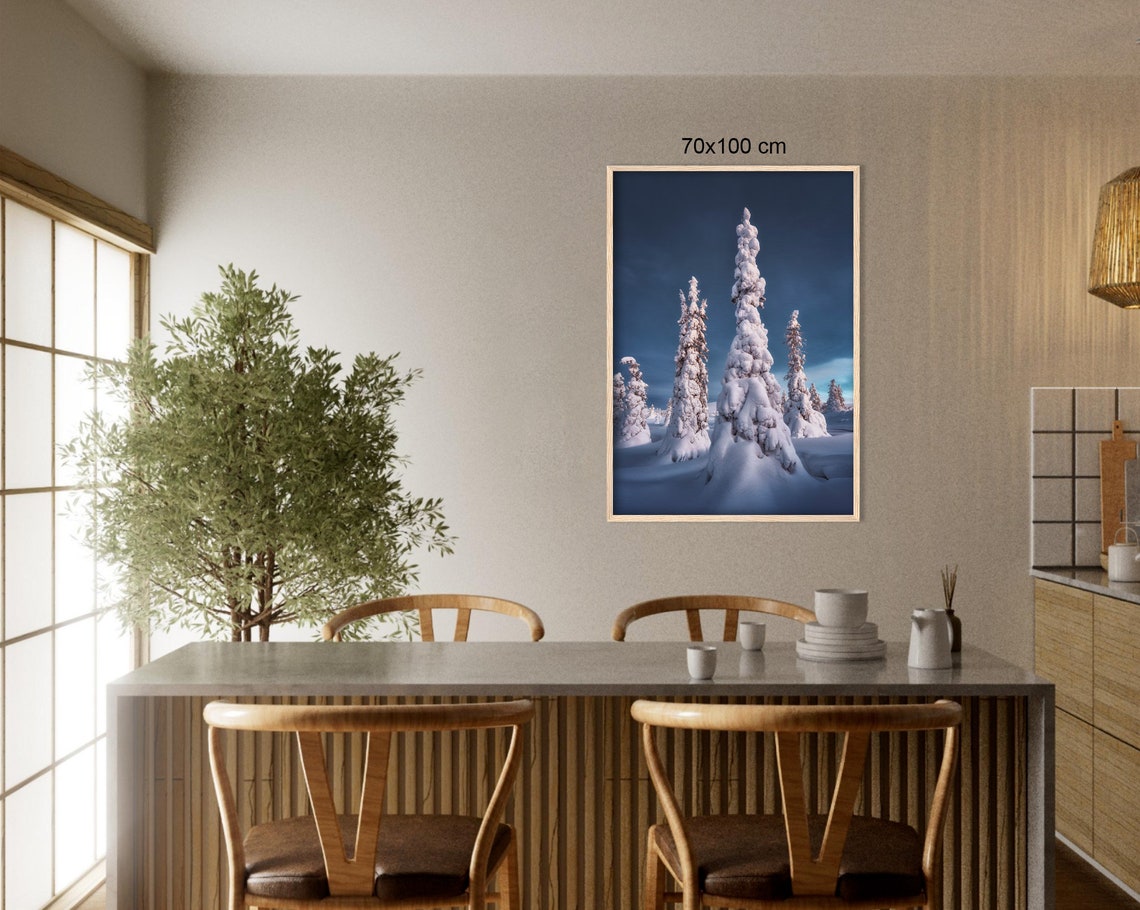 Towering Snow Covered Spruces Under Deep Blue Twilight Sky Poster - Image 3