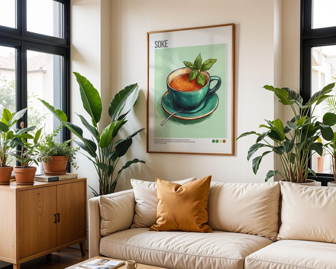 Sake Japanese Teacup Green Illustrated Minimalist Kitchen Poster - Image 7
