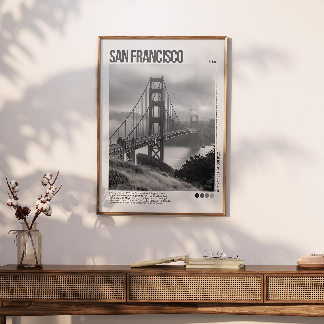 San Francisco Golden Gate Bridge Fog Black White Photo Poster - Image 3