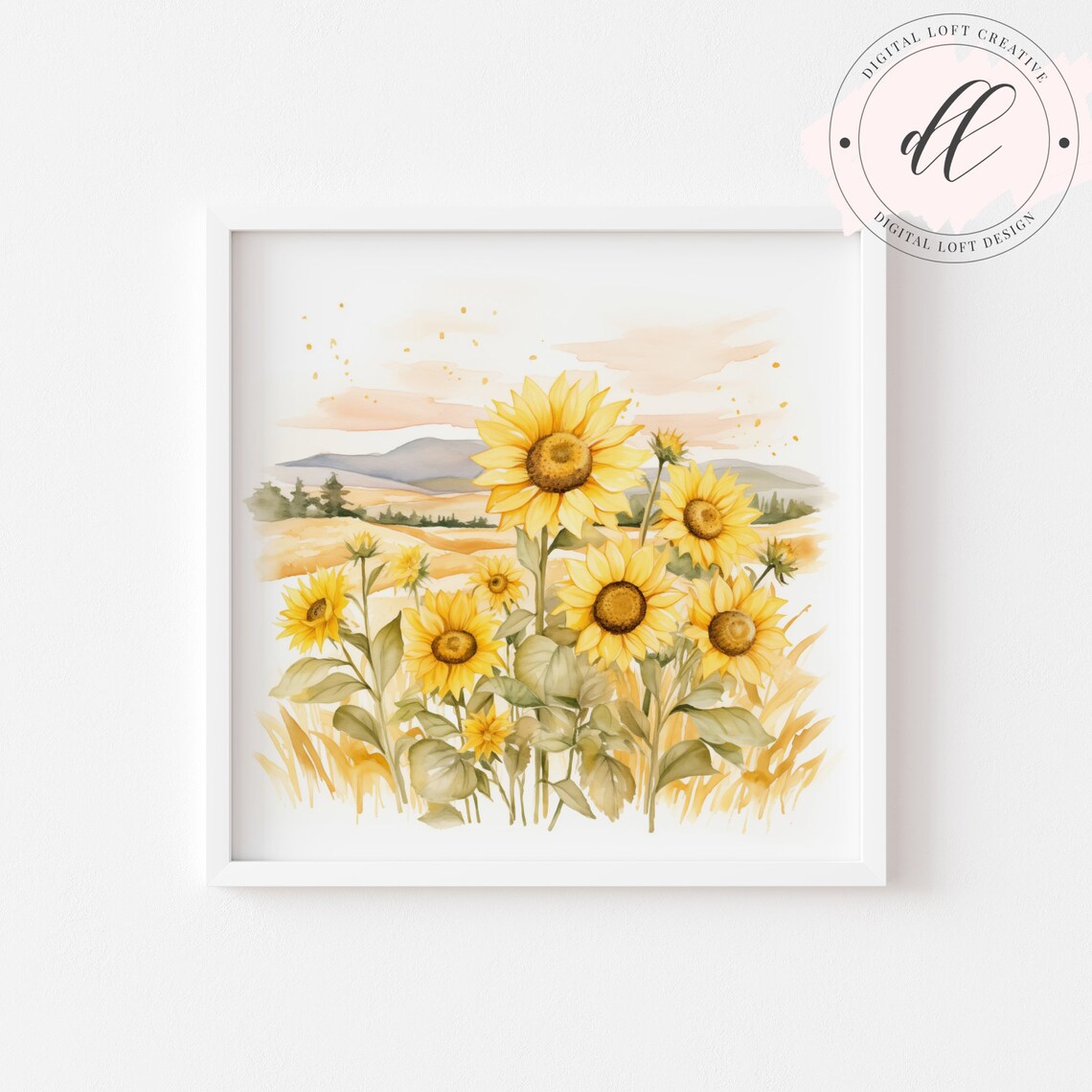 Sunflower Field Golden Hour Watercolor Meadow Landscape Poster - Image 2