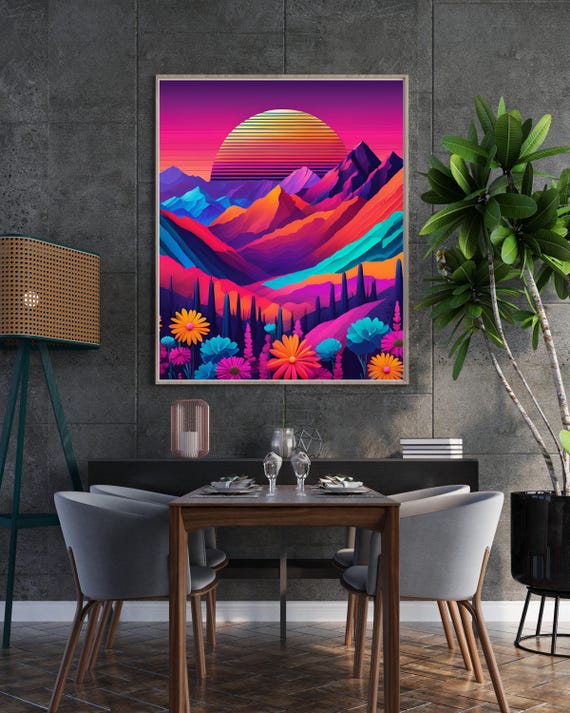 Retro Sunset Wall Art Neon Mountain Landscape Print In 5 Ratios Psychedelic Gradient Poster For Colorful Home Decor
