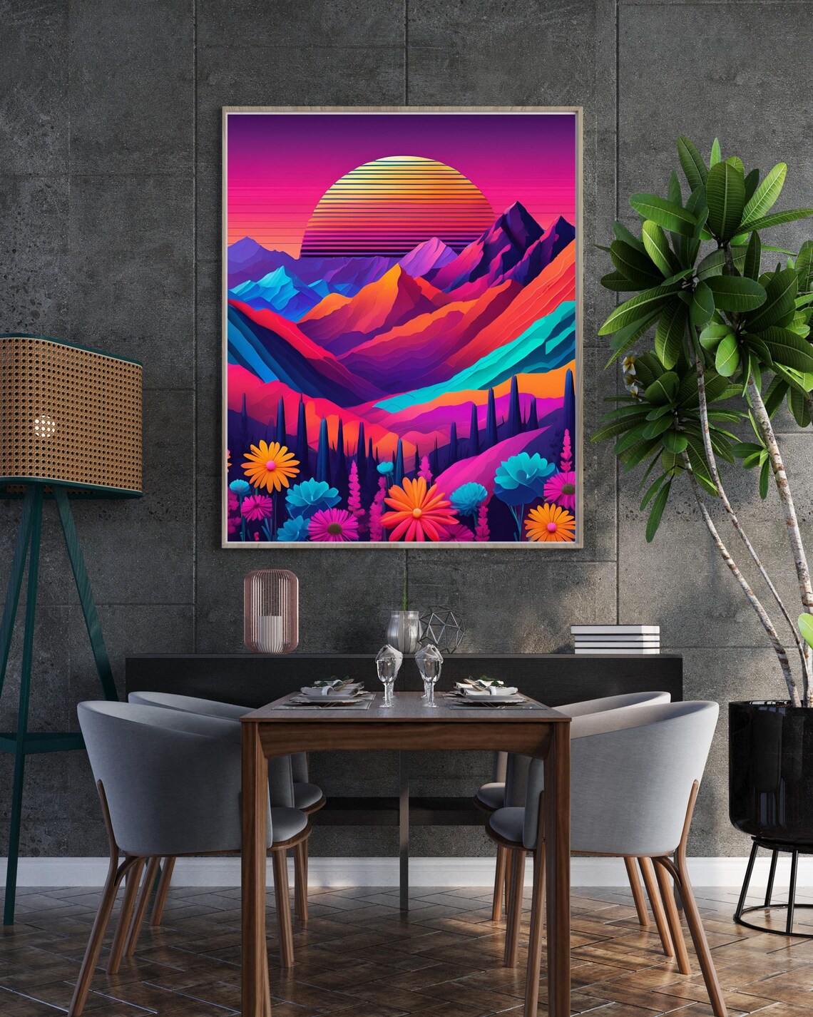 Retro Neon Sunset Over Colorful Mountain Peaks and Flowers Poster