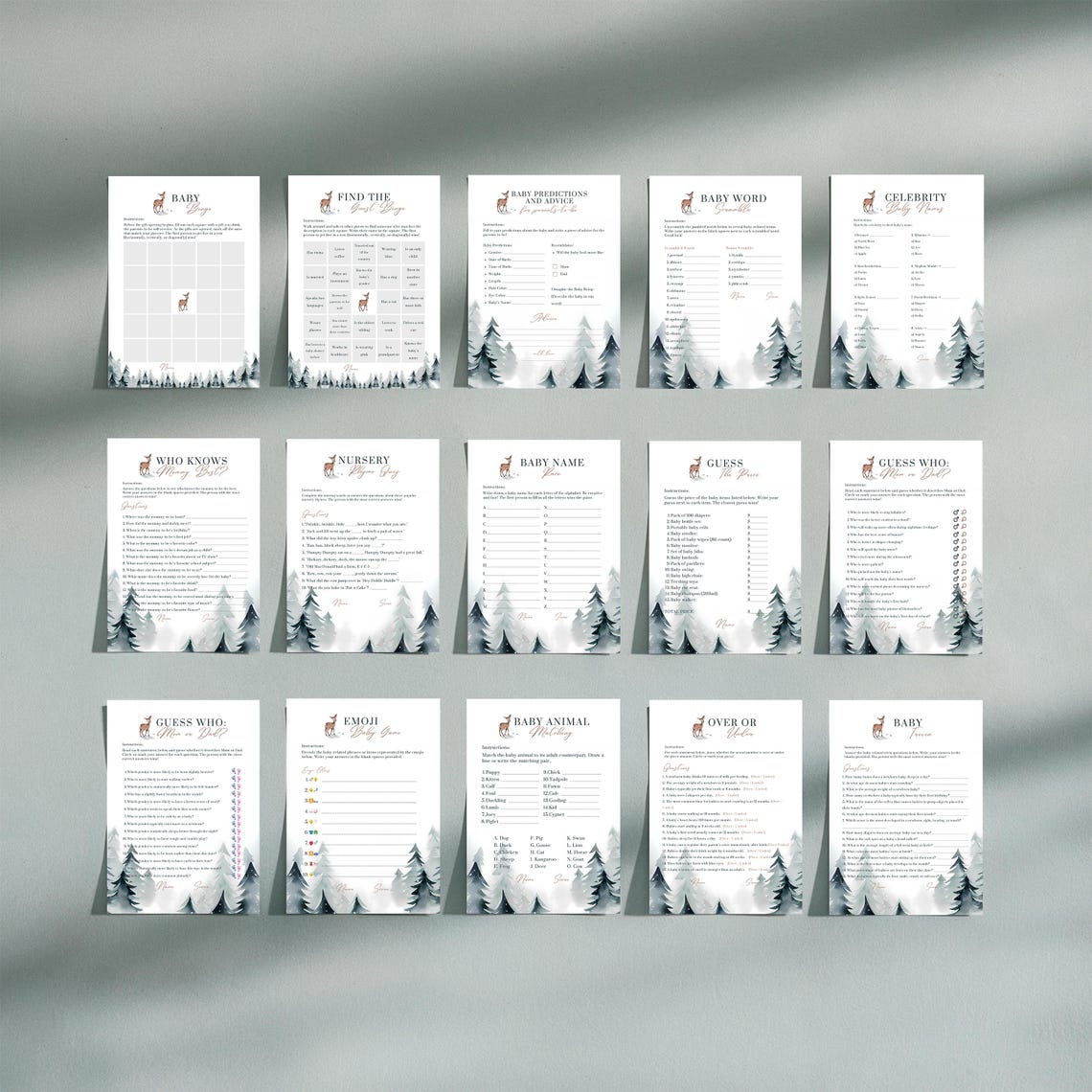 Baby Shower Game Cards Winter Deer Pine Forest Printable Party Print - Image 4