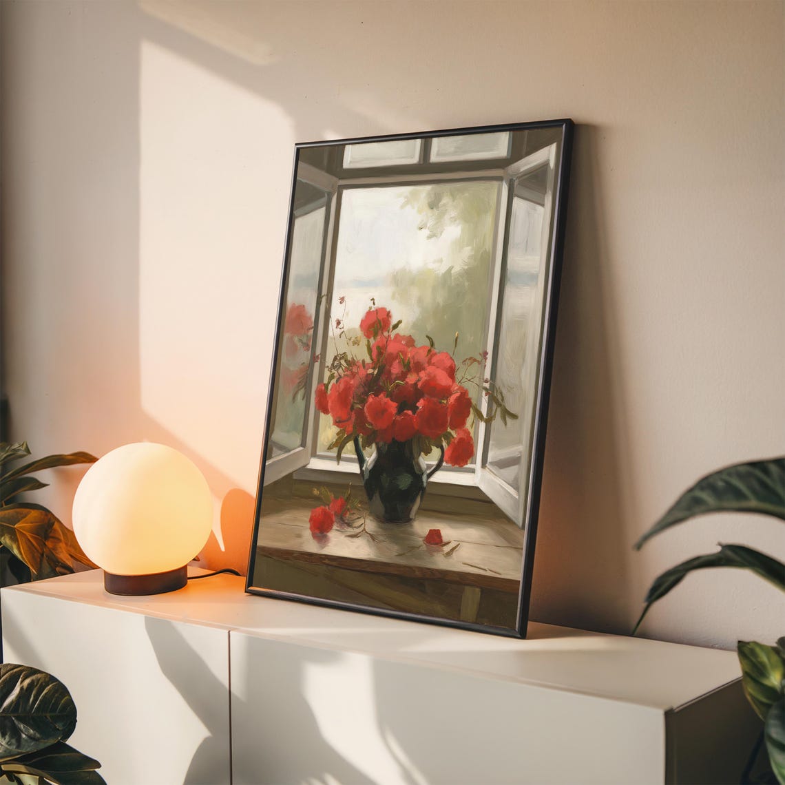 Open Window Red Flowers Vase Impressionist Sunny Still Life Poster - Image 4