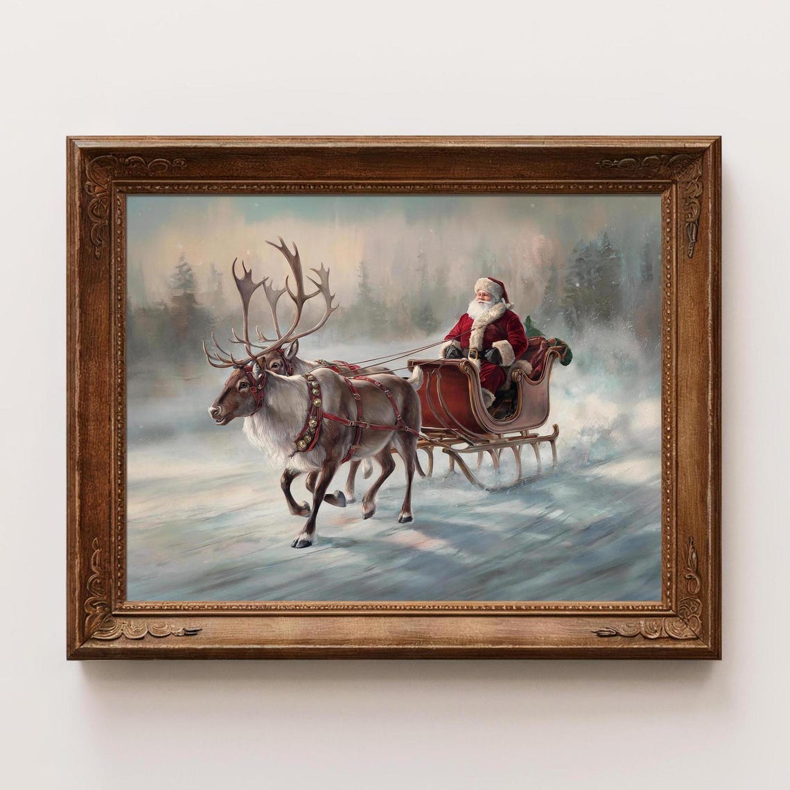 Vintage Santa Claus Sleigh Reindeer Snowy Night Painting Poster
