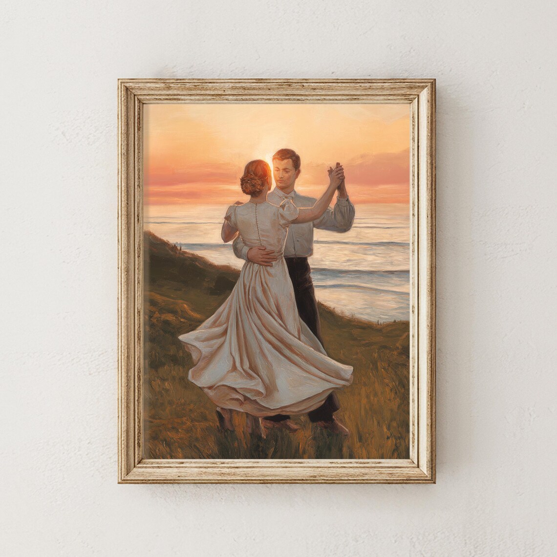 Romantic Couple Dancing Cliff Sunset Sea Oil Painting Love Poster
