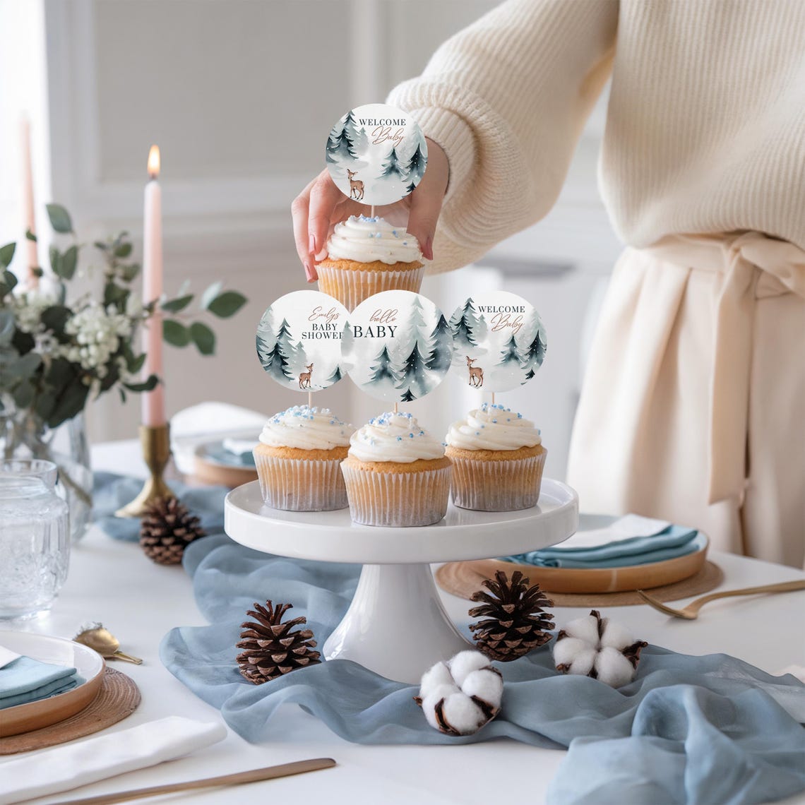 Snowy Winter Deer Baby Shower Cupcake Toppers Hello Baby Print Set - Image 2