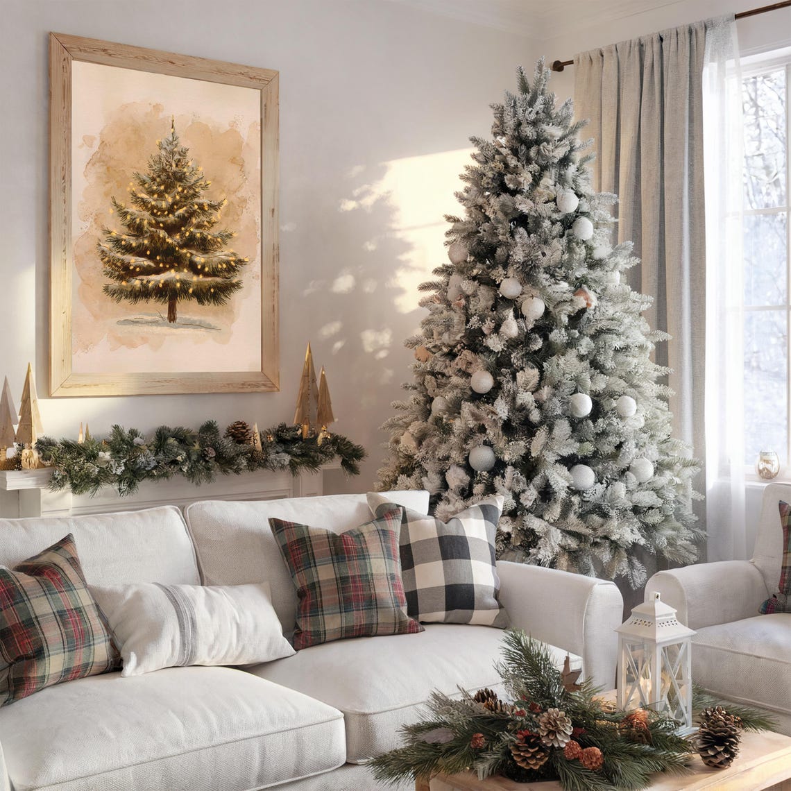Watercolor Snowy Christmas Tree Warm Lights Beige Wash Poster - Image 2