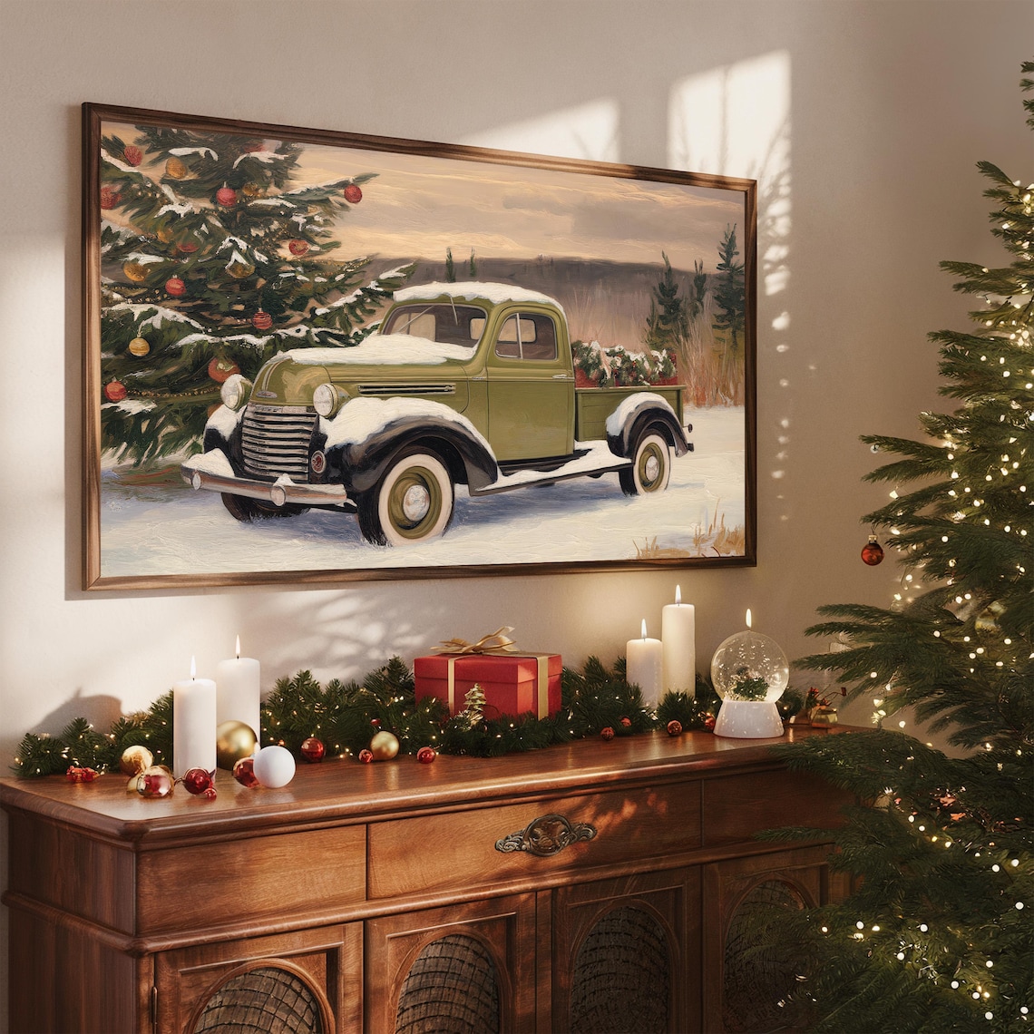 Vintage Green Pickup Truck in Snow With Christmas Tree Poster - Image 4