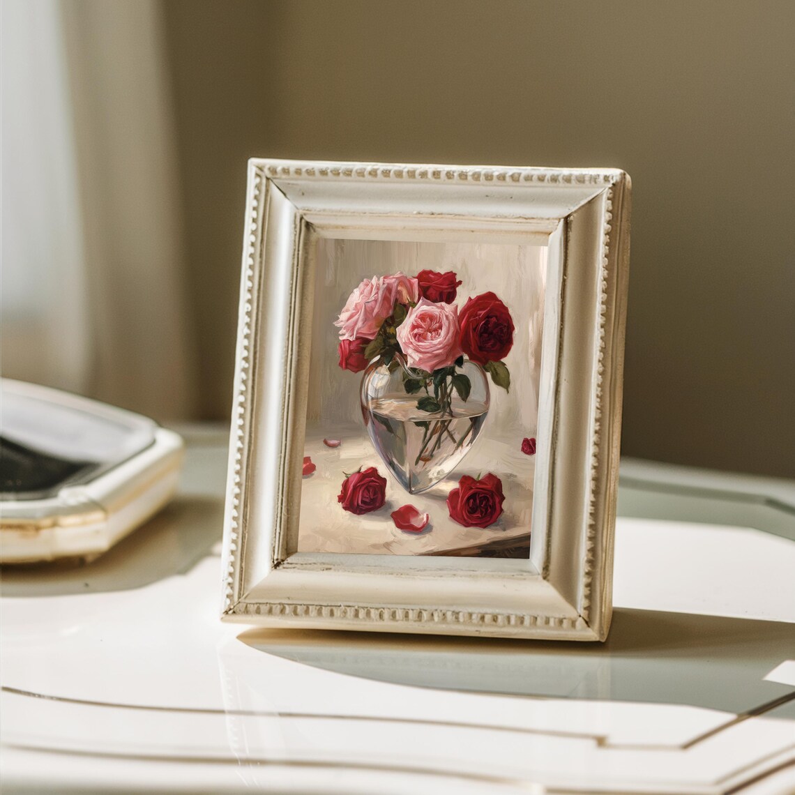 Red and Pink Roses Glass Vase Oil Painting Classic Floral Poster - Image 3