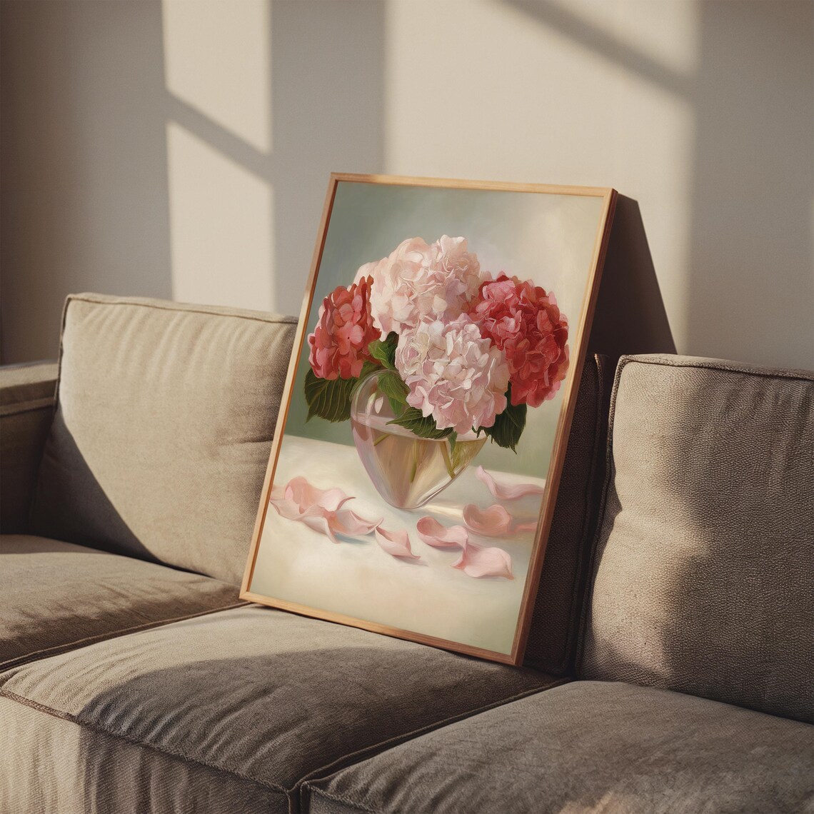 Pink Hydrangeas in Heart Shaped Glass Vase Floral Oil Painting Poster - Image 4