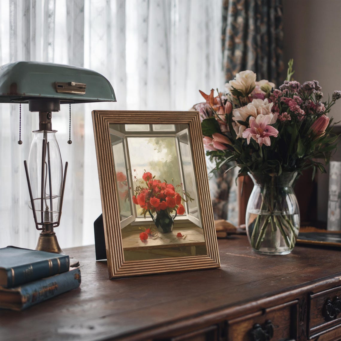 Open Window Red Flowers Vase Impressionist Sunny Still Life Poster - Image 3