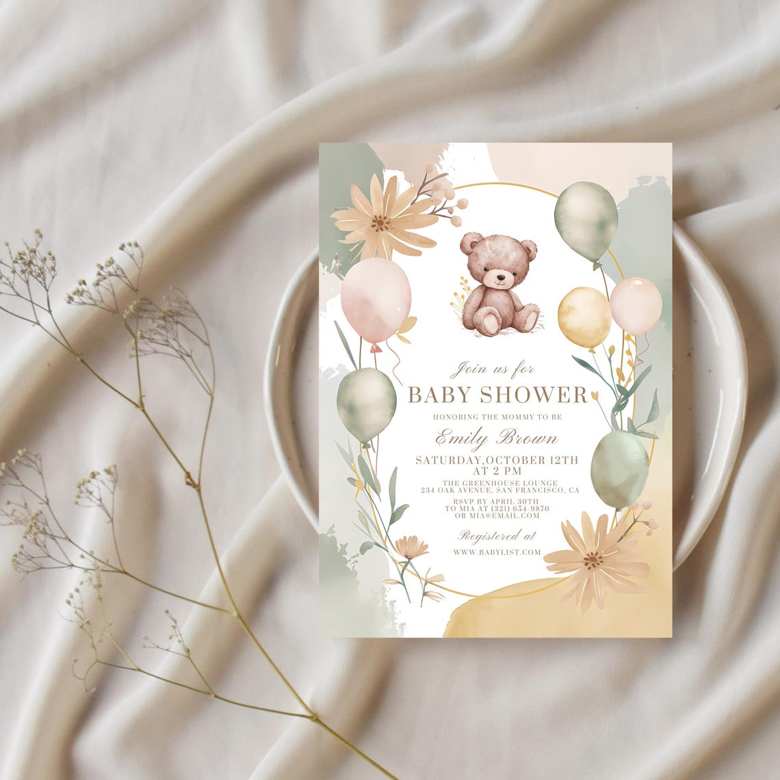 Sweet Teddy Bear Baby Shower Invitation Balloons Floral Print Set - Image 2