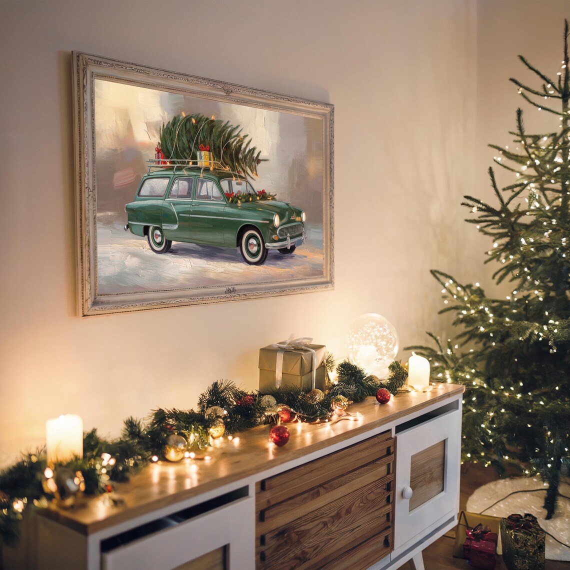 Vintage Green Station Wagon Christmas Tree Roof Painting Poster - Image 4