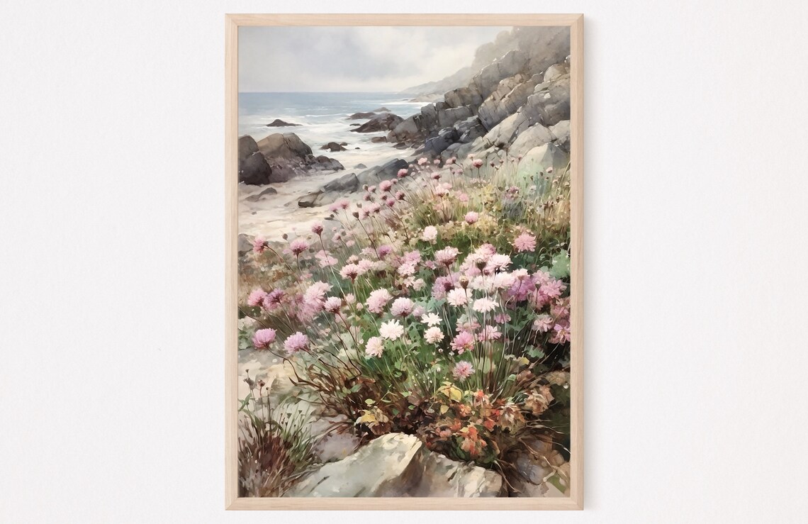 Rocky Coastline Pink Wildflowers Ocean Waves Watercolor Nature Poster