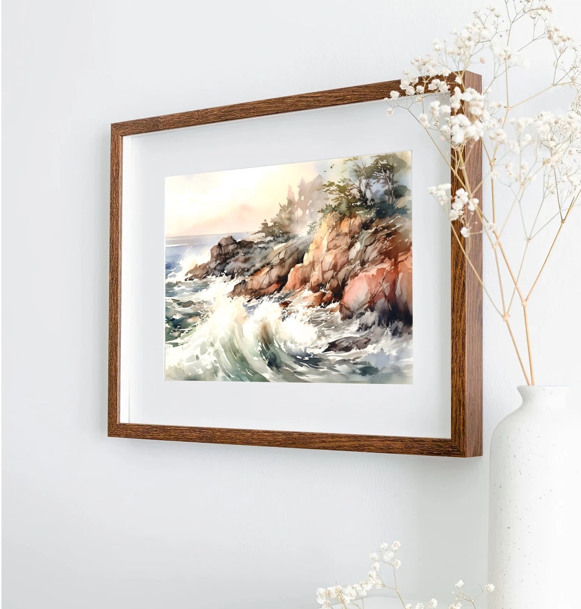 Ocean Waves Crashing Watercolor with Rocky Cliffs and Trees Poster - Image 4