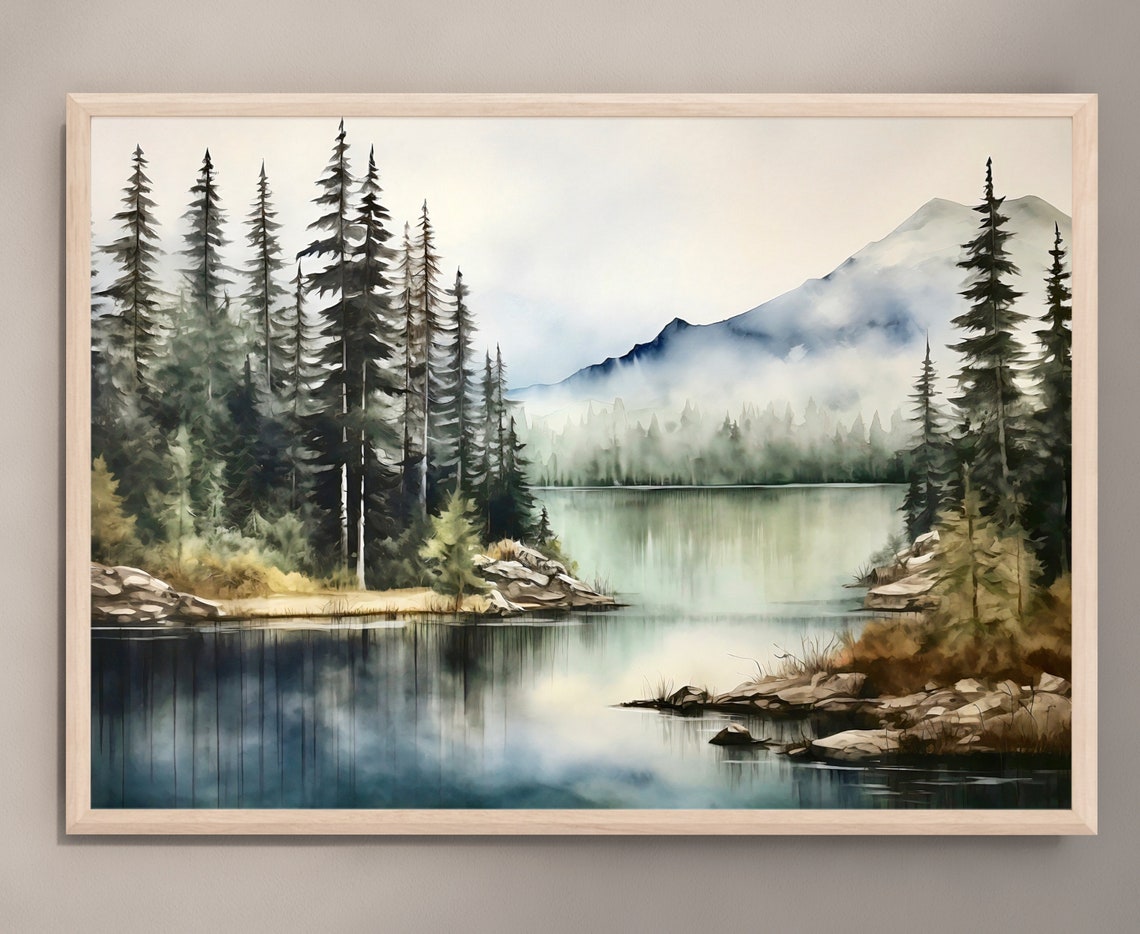 Misty Lake Pine Trees Mountain Haze Watercolor Serene Art Print - Image 2