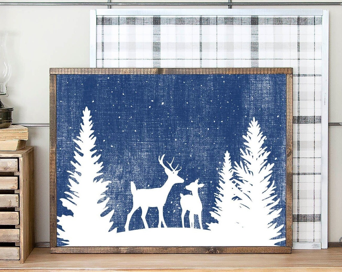 Deer Silhouettes Among Pines White On Navy Winter Snow Scene Poster