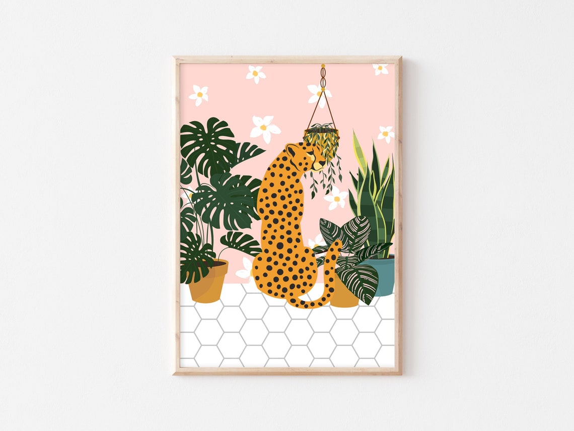 Cheetah With Houseplants Pink Bathroom Boho Jungle Animal Art Poster