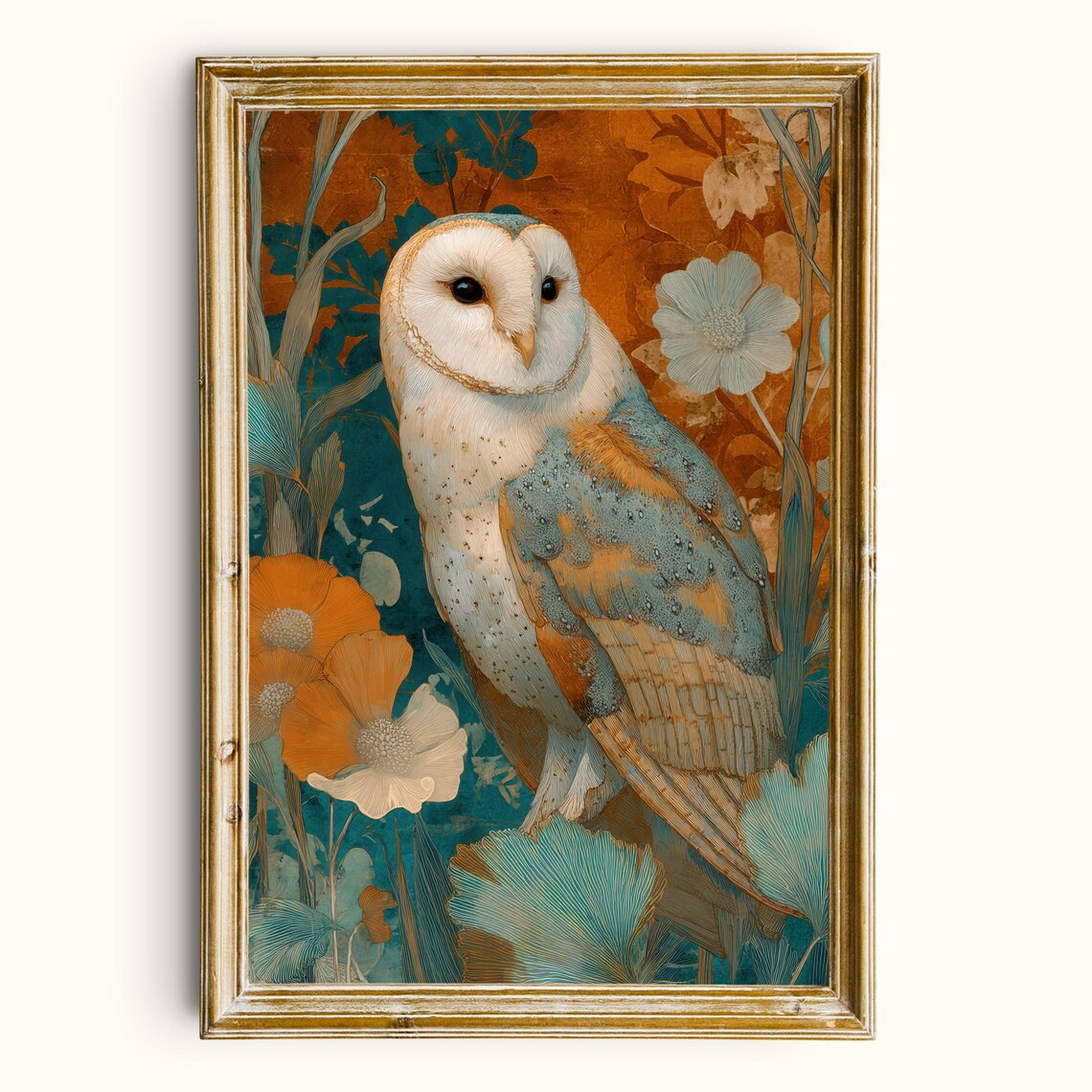 Vintage Barn Owl Print, Maximalist Damask Bird Art
