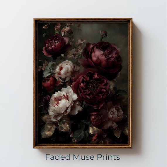 Moody Dark Red Roses Baroque Floral Still Life Vintage Art Print