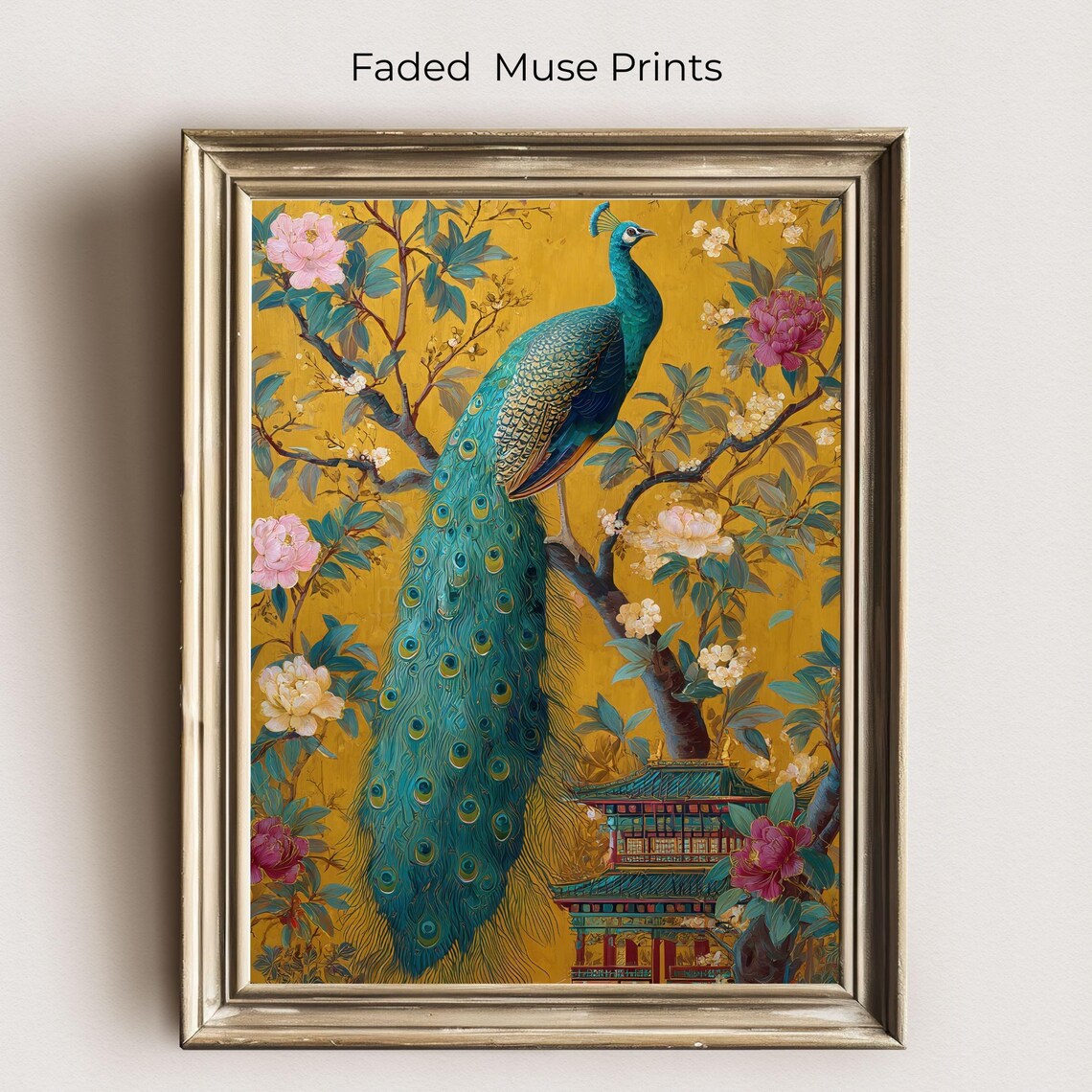 Vintage Peacock Print, Maximalist Chinoiserie Art