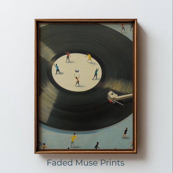 Retro Vinyl Record Plaza Painting Vintage Illustrated Art With Tiny Figures Digital Download 1591