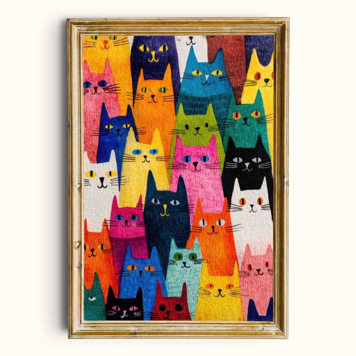 Colorful Cat Gang Retro Folk Art Art Print