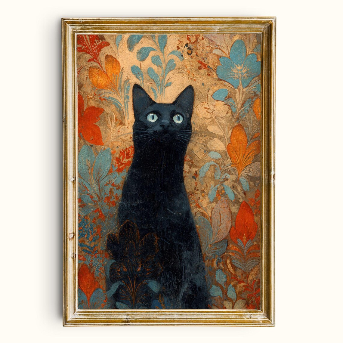 Vintage Black Cat Print, Floral Wall Art