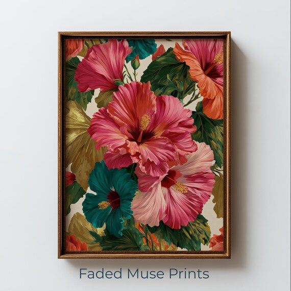 Maximalist Hibiscus Bloom Tropical Botanical Vibrant Flower Poster