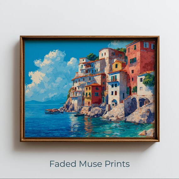 Tuscan Seaside Village Mediterranean Cliff Painting Printable Wall Art Digital Download 2773