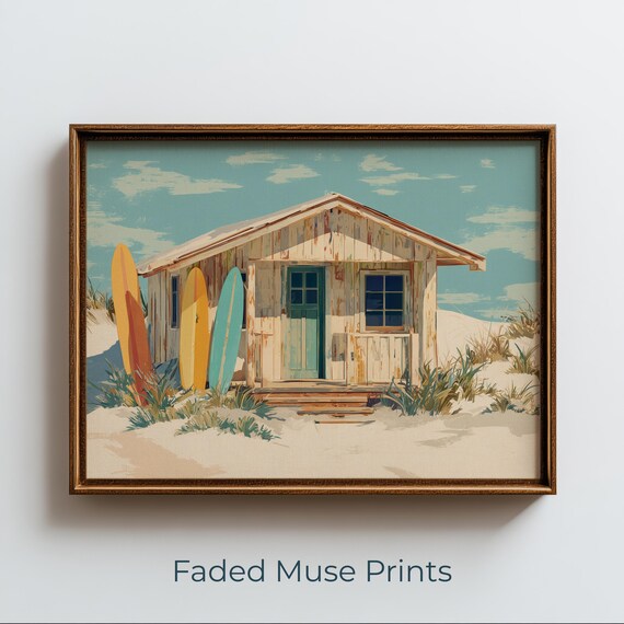 Vintage Beach Shack Surfboards Coastal Painting Retro Seaside Wall Poster