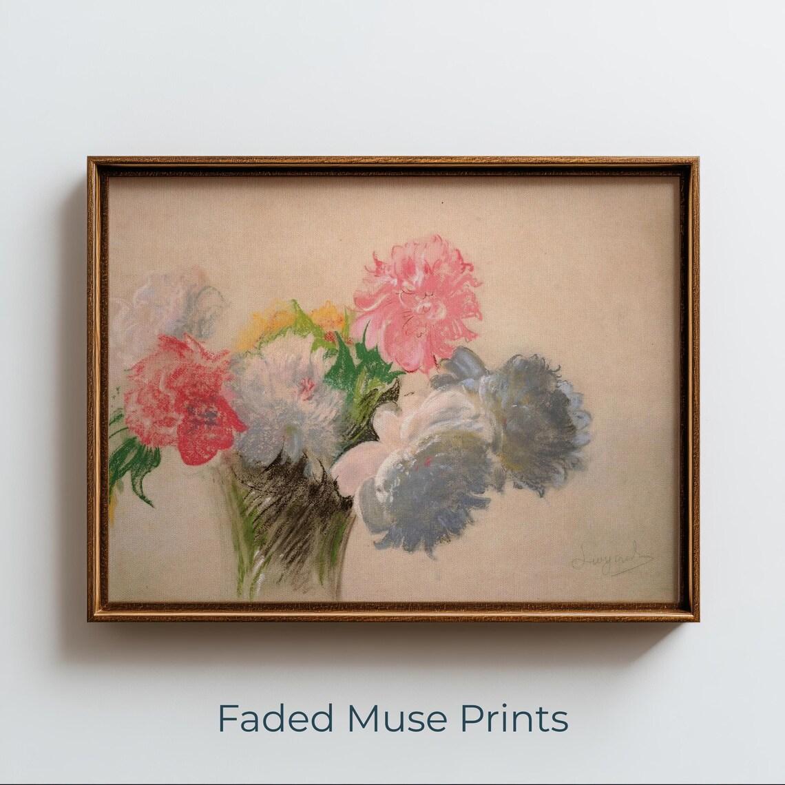 Vintage Pastel Peony Bouquet Drawing, Art Print