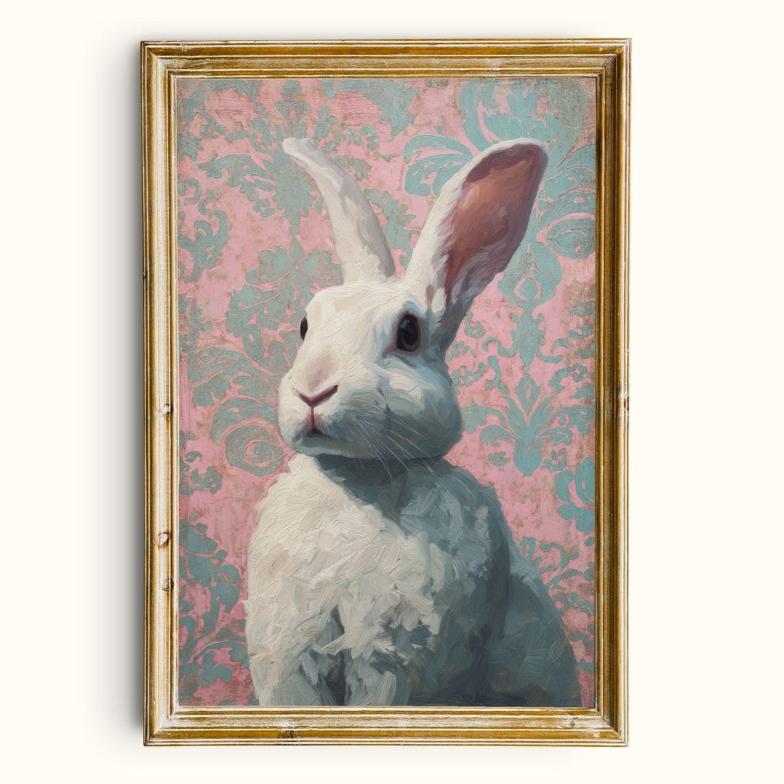 White Rabbit Portrait Pink Damask Vintage Bunny Oil Art Print