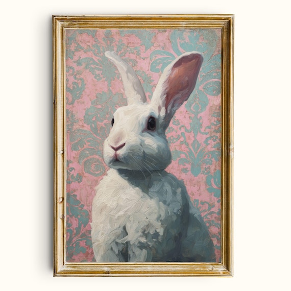 White Rabbit Portrait Pink Damask Vintage Bunny Oil Art Print