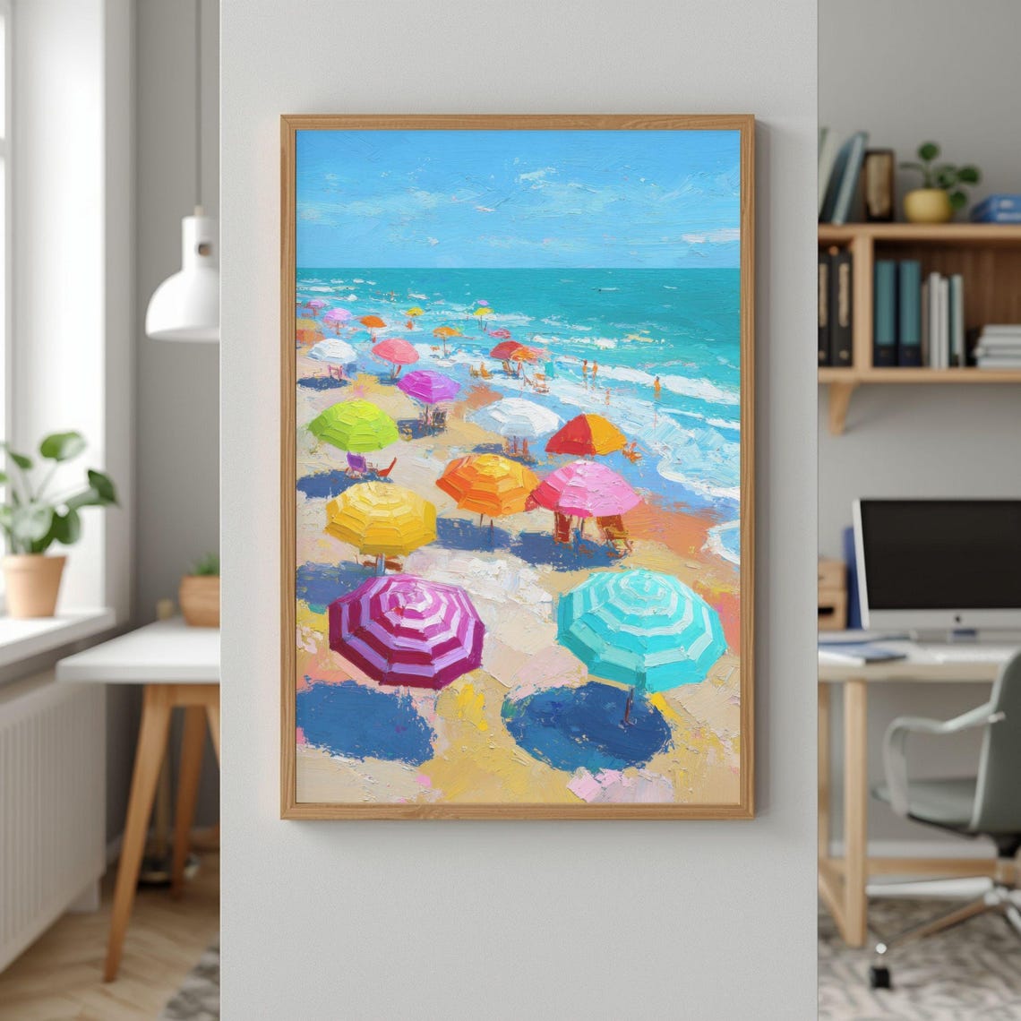 Colorful Beach Umbrellas Aerial Shore Impressionist Art Poster