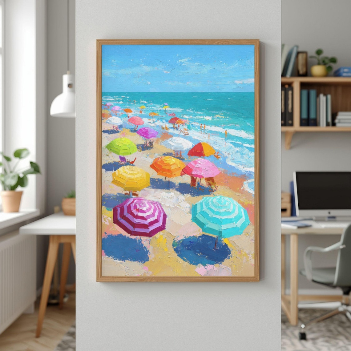 Colorful Beach Umbrellas Aerial View Painting Printable Wall Art Digital Download