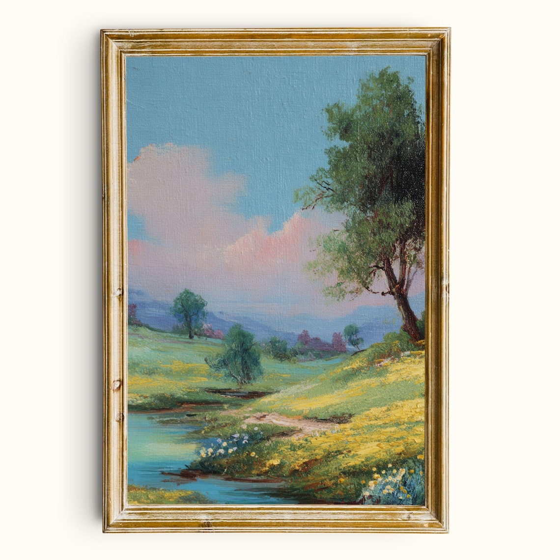 Vintage Pastel Spring Creek Meadow Yellow Wildflowers Big Tree Landscape Poster