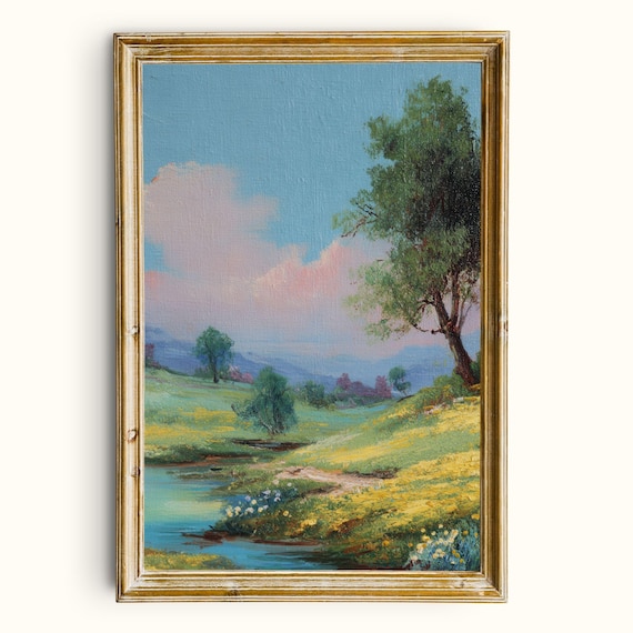 Vintage Pastel Spring Creek Meadow Yellow Wildflowers Big Tree Landscape Poster
