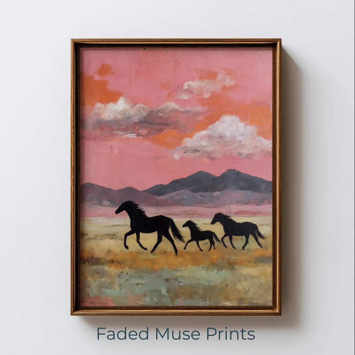 Vintage Black Horses Silhouette Art Print