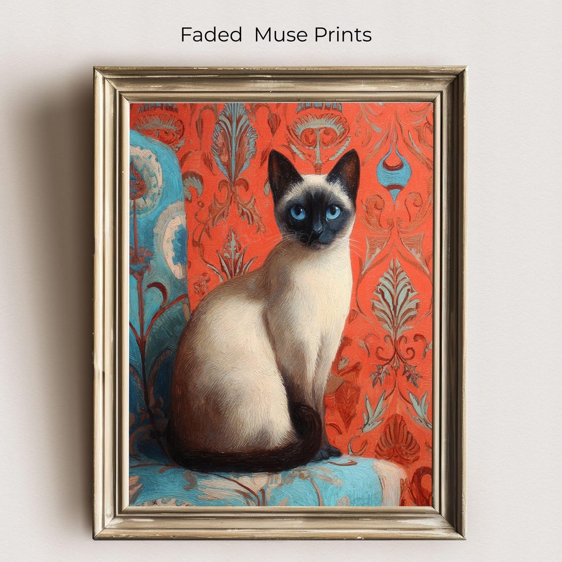 Siamese Cat Portrait Red Damask Vintage Blue Eyed Feline Wall Poster