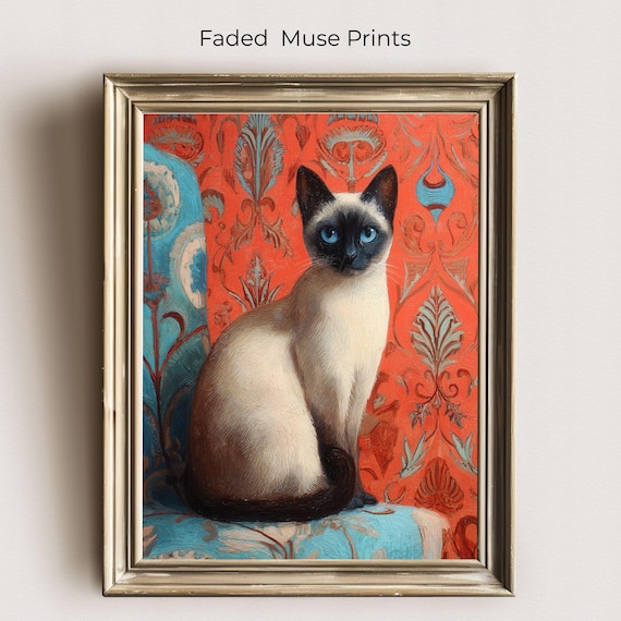 Siamese Cat Portrait Vintage Damask Wall Art Printable Eclectic Decor Digital Download