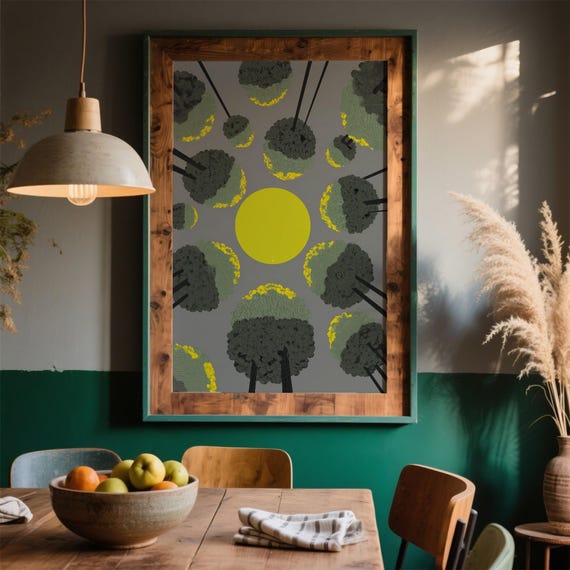 Abstract Forest Sun Art Print Minimalist Trees Design Nature Inspired Geometric Landscape Wall Decor